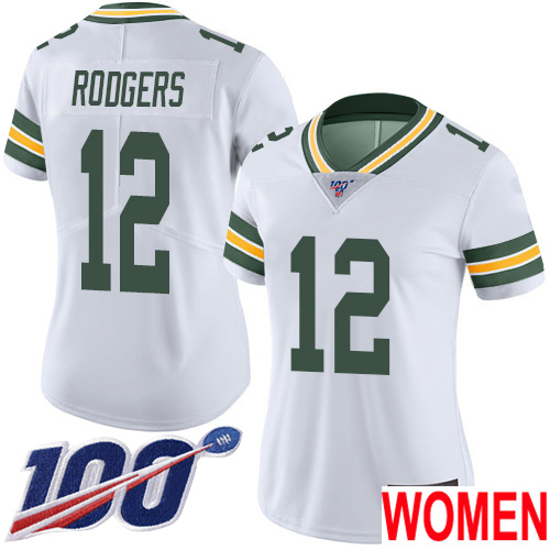 Green Bay Packers Limited White Women 12 Rodgers Aaron Road Jersey Nike NFL 100th Season Vapor Untouchable
